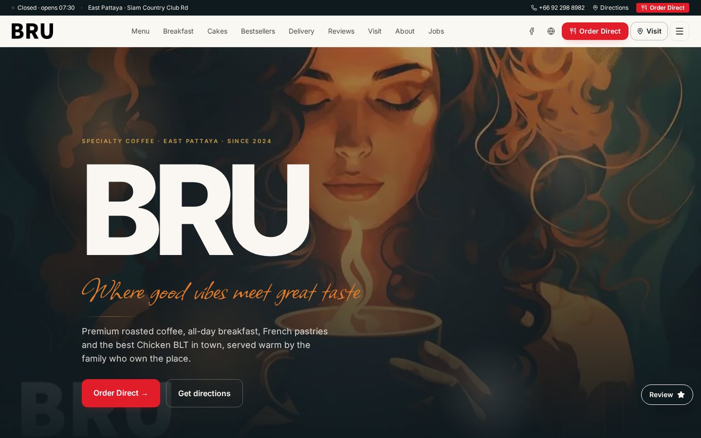 BRU Coffee & Bar desktop website screenshot